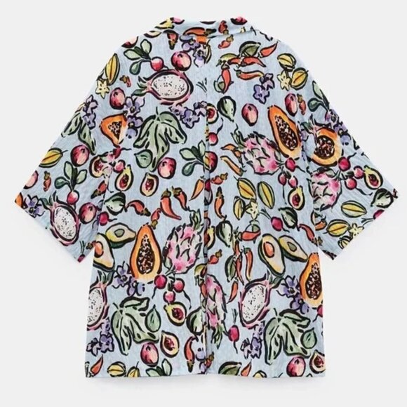New Zara Fruit Printed Oversized Button Front Multicolored Shirt/Blouse/Top Sz S - Picture 6 of 15